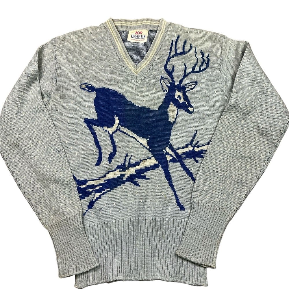 Vintage 1940s reindeer wool V-neck sweater by Campus